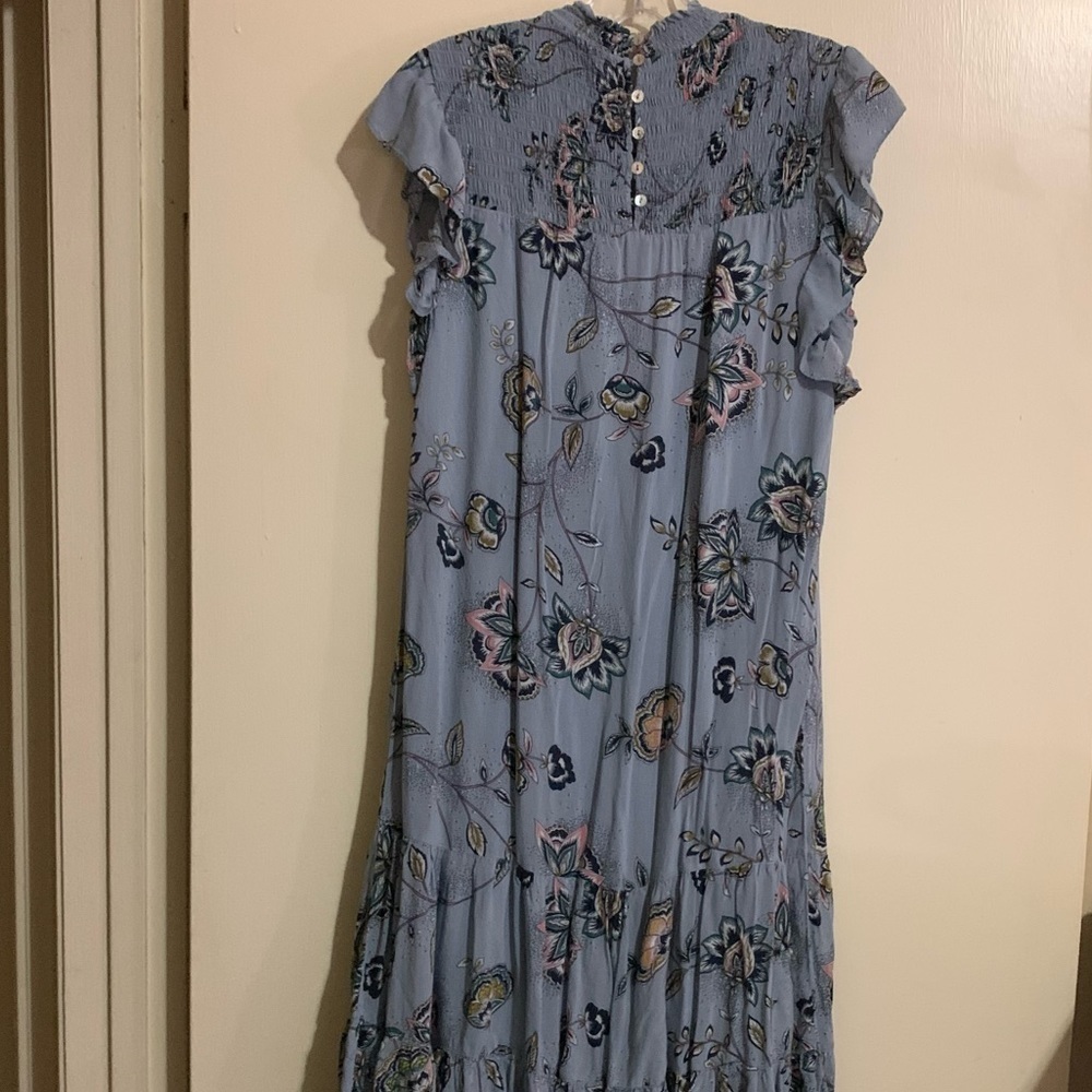 Dr2 Smocked Ruffled High Collar Button Back Blue Floral Maxi Dress. Size small - Picture 5 of 12